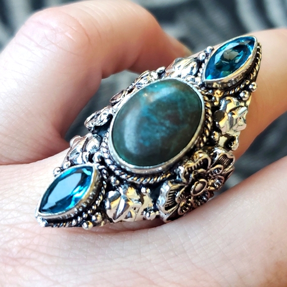 New Chrysocolla and Blue Topaz 925 Silver Statement Ring. - Picture 1 of 12